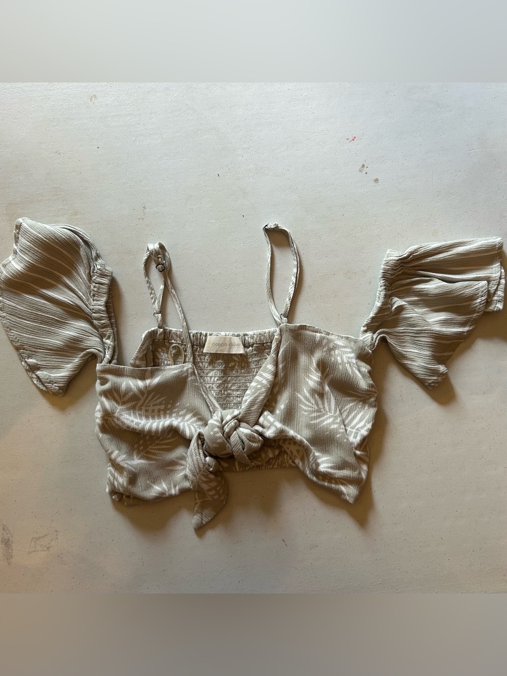 Ocean Drive Beige Leaf-Print Tie-Front Crop Top